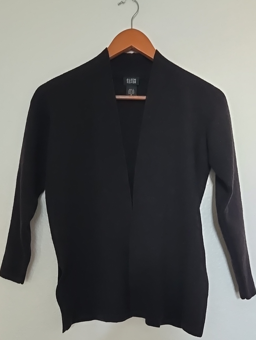 Eileen Fisher Black 100% Wool Open-Front Knit Cardigan Upcycled.